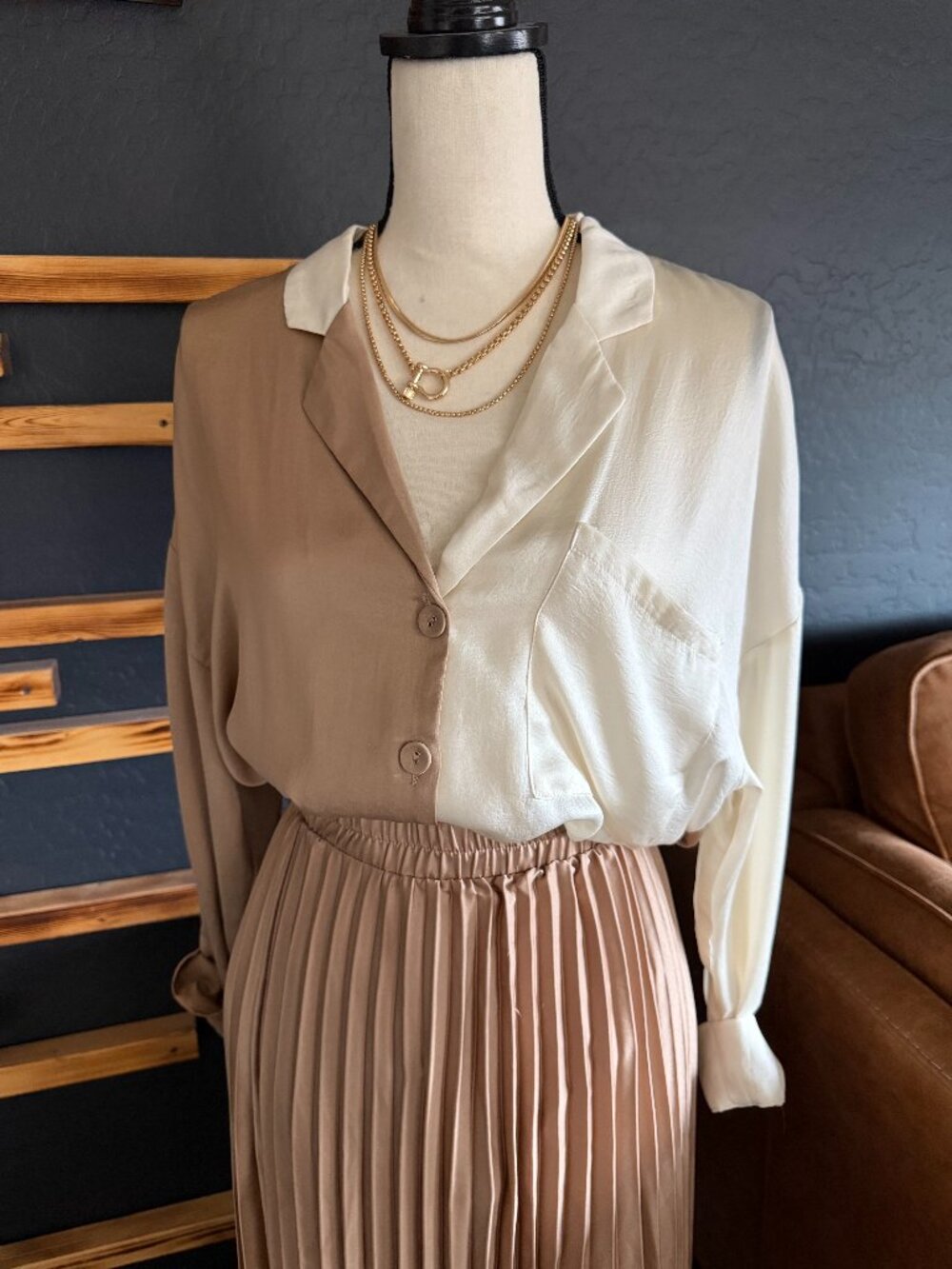 Two-Tone Button Up Blouse